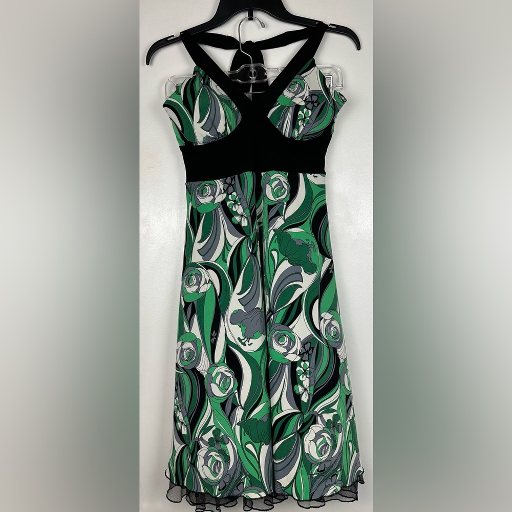 Speechless Halter Tie Dress Green Black Floral Swirl Print Med Sleeveless Lined